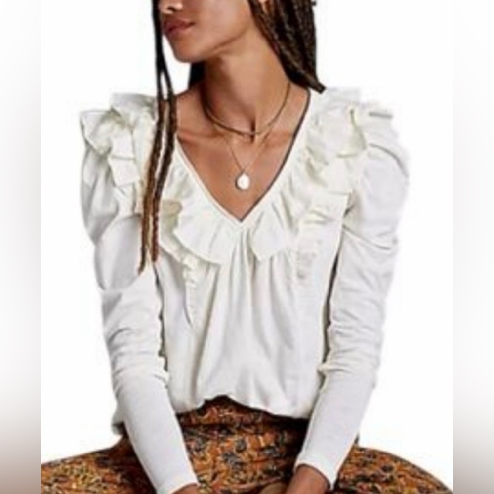 Anthropologie Ruffled V Neck Blouse Top Womens Size XSP Cream Long Sleeved